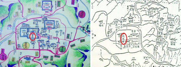 1872년에 제작된 담양부 지도(왼쪽)와 1898년에 제작된 담양부지도. 양 지도를 자세히 살펴보면 1872년 지도에 표시된 동헌(東軒)과 1898년 지도의 추성관(秋城館)이 같은 위치임을 알 수 있다.