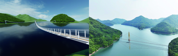 ▲세계 최초로 경기도 포천시 한탄강에 건립된 비대칭 Y자형 출렁다리와 같은 형태의 Y자형 출렁다리 조감도(사진 왼쪽)와 담양군이 담양호에 건립할 예정인 현수교 형태의 미르교 조감도.